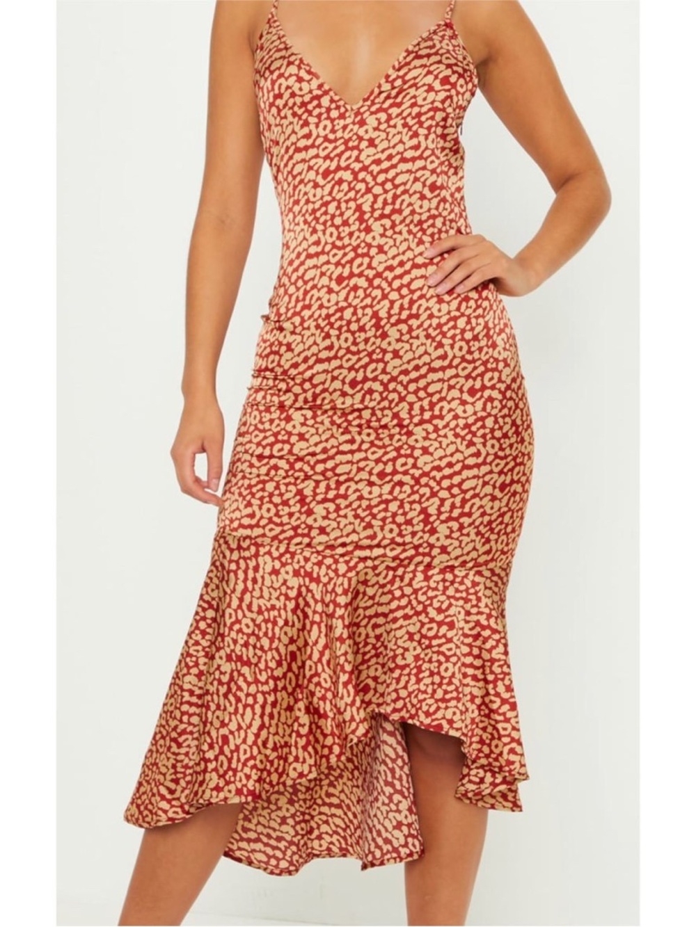 PrettyLittleThing Red Leopard Print FishTail Midi Dress - Size 6